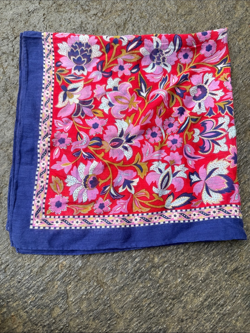 Yves Saint Laurent Red Floral Silk Scarf with Navy Border - Picture 5 of 9